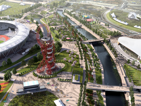 Londons neue grüne Lunge, der Queen Elizabeth Olympic Park, aus der Vogelperspektive. 
