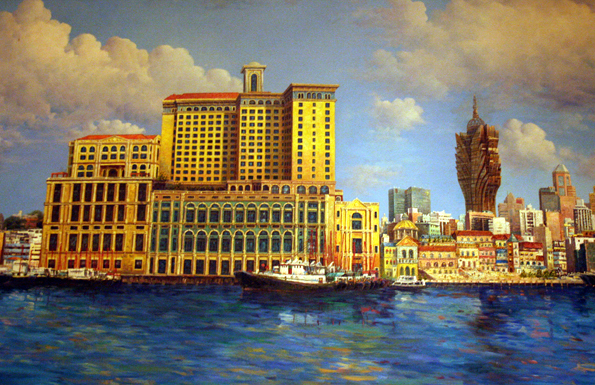 Im wahrsten Sinne des Wortes ein Bild von einer Stadt: Die gemalte Ansicht des Inner Harbour von Macau (Foto: Karsten-Thilo Raab)