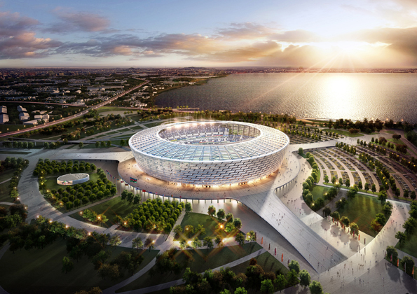 So soll das im Bau befindliche Olympia-Stadion in Baku nach seiner Fertigstellung im Jahr 2015 aussehen. (Foto Baku 2015 Organizing Committee)