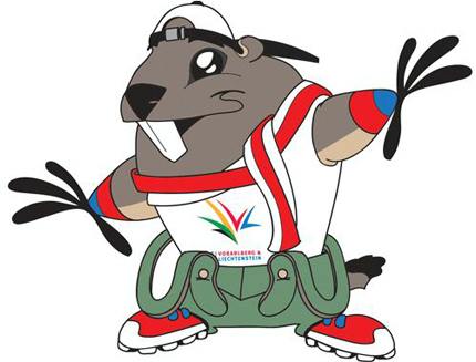 Maskottchen Alpi wirbt für die Europäischen Olympischen Winter-Jugendspiele.