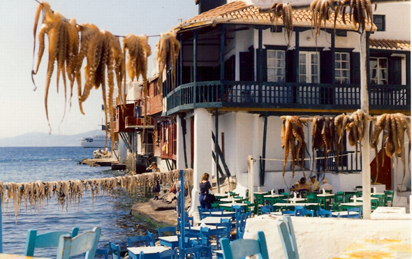 In vielen Bereichen ist Mykonos ein Stück Bilderbuch-Griechenland mit zum Trocknen aufgehangenen Tintenfischen auf der Leine. (Foto Helga/Pixelio)